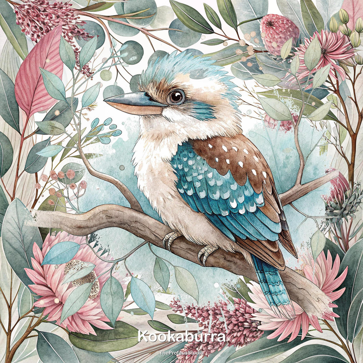 Kookaburra nursery print, Australian botanical wall art, additional angle