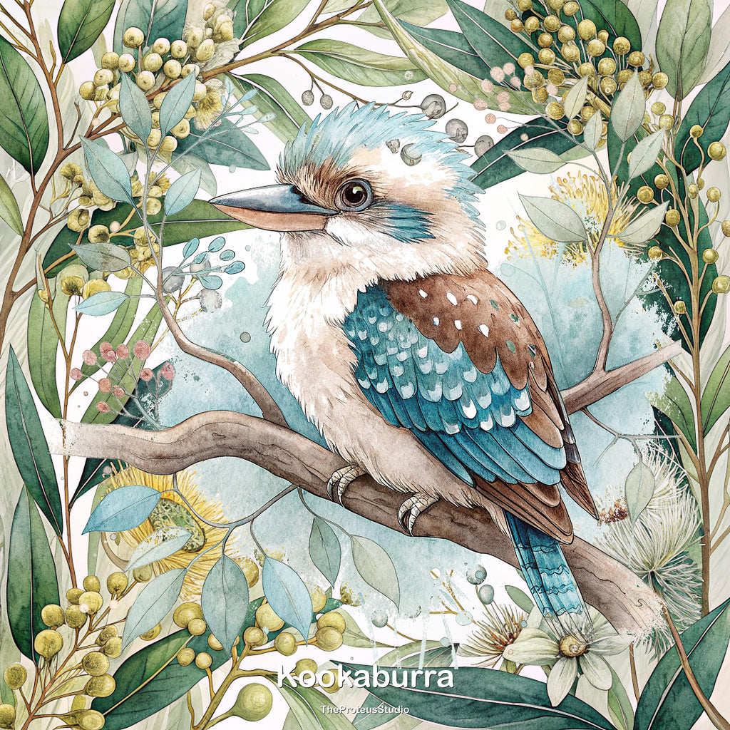 Kookaburra nursery print, Australian botanical wall art, additional angle