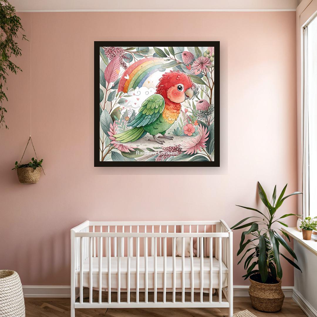 Rainbow Lorikeet nursery print, Australian botanical wall art, pink and sage colourway