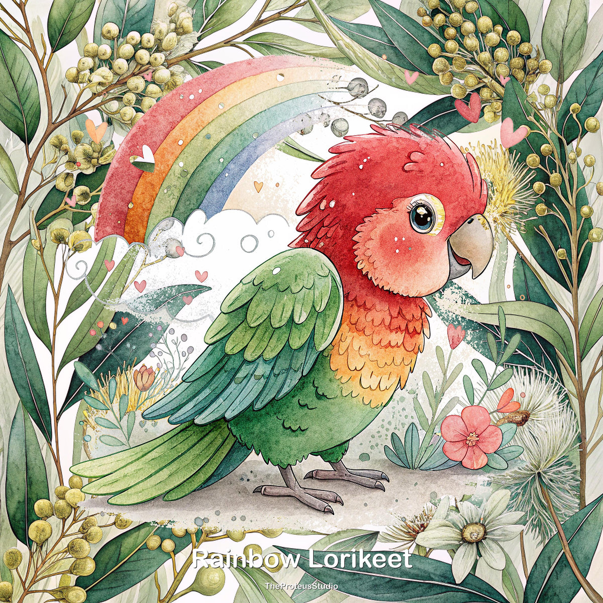 Rainbow Lorikeet nursery print, Australian botanical wall art, additional angle