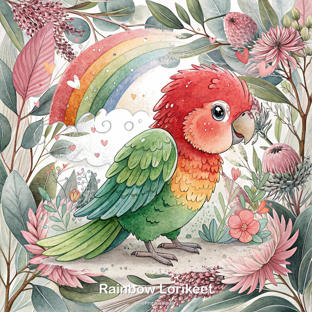 Rainbow Lorikeet nursery print, Australian botanical wall art, additional angle