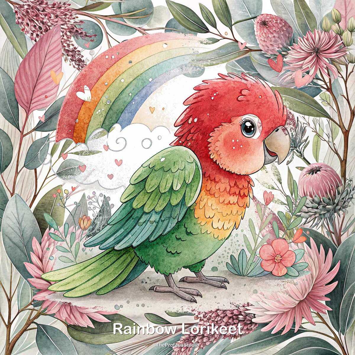 Rainbow Lorikeet nursery print, Australian botanical wall art, additional angle