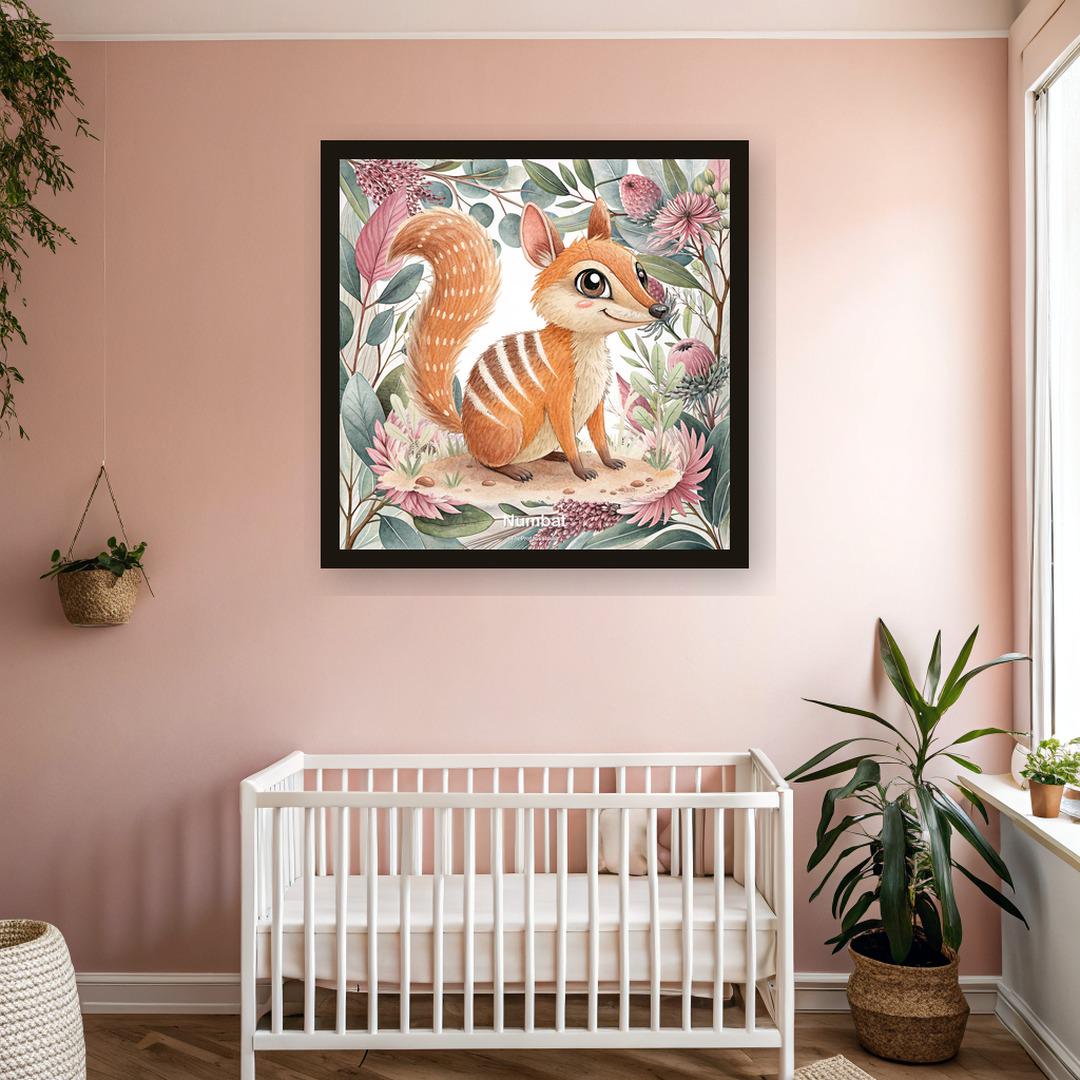 Numbat nursery print, Australian botanical wall art, pink and sage colourway