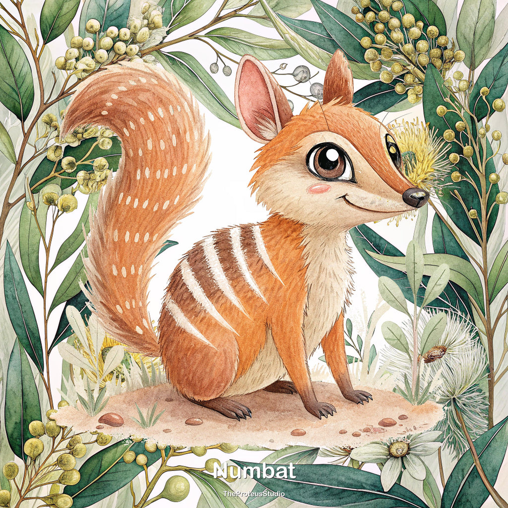 Numbat nursery print, Australian botanical wall art, additional angle