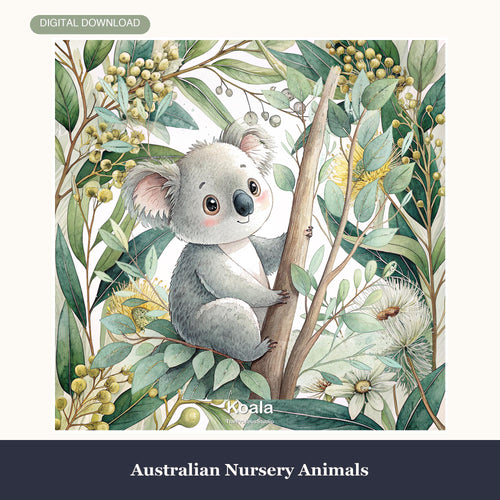 Australian Nursery Animals 6-Print Digital Bundle, sage green koala nursery wall art sample
