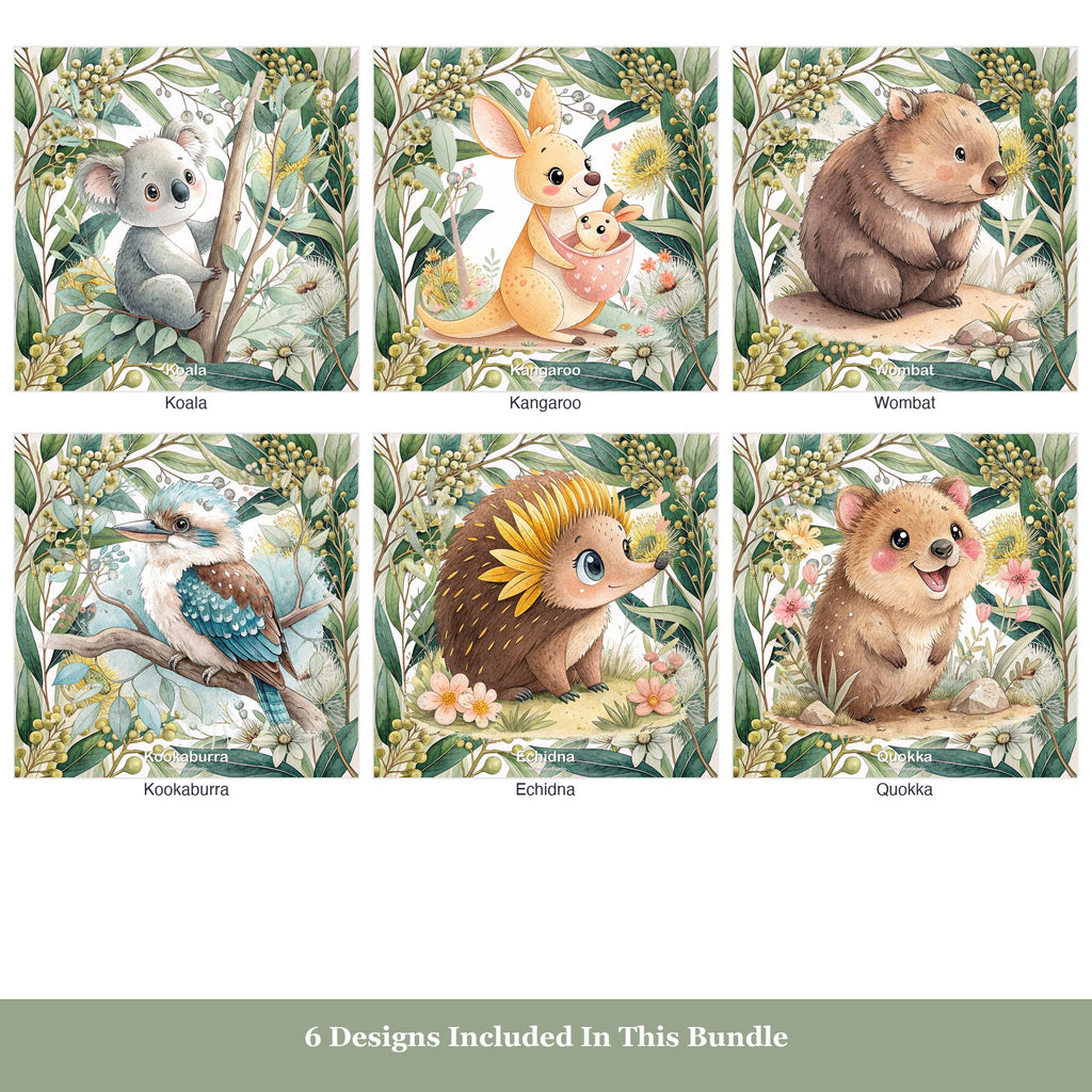 Australian Nursery Animals 6-Print Digital Bundle, six coordinated sage green Australian animal prints