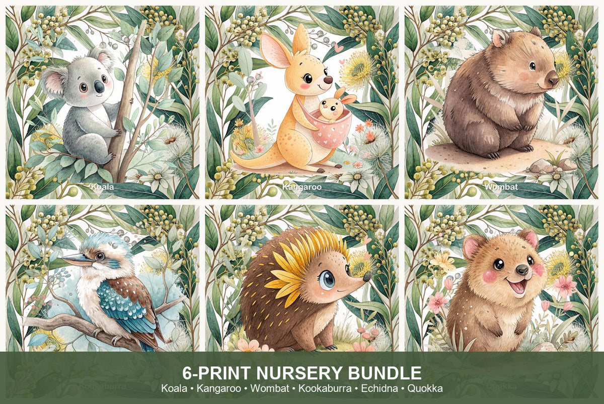 Australian Nursery Animals 6-Print Digital Bundle sample print, Australian animal nursery wall art