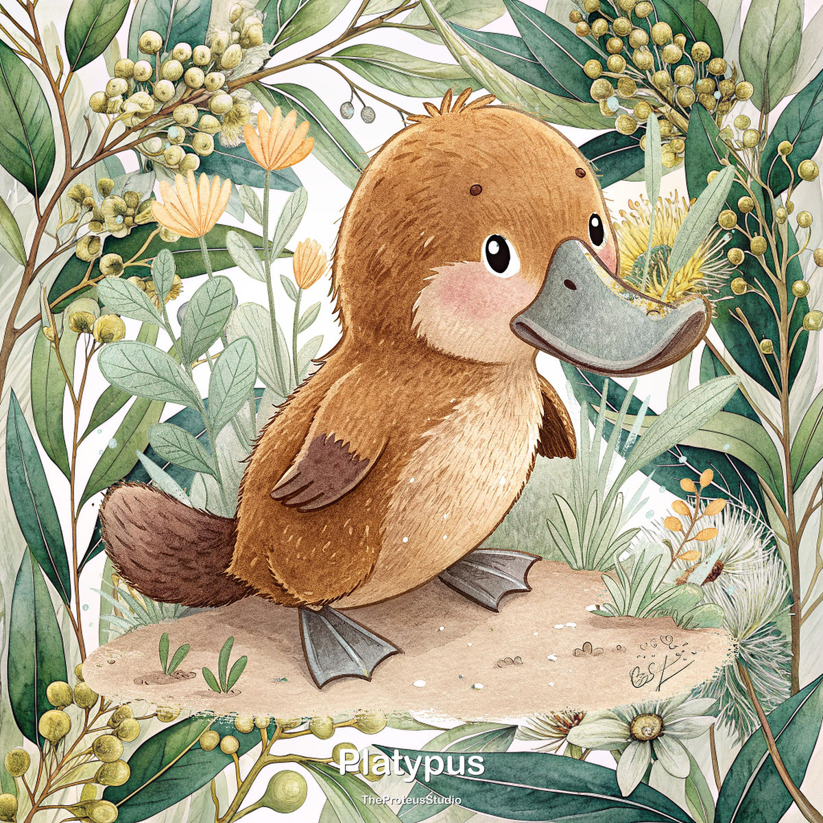 Platypus nursery print, Australian botanical wall art, additional angle
