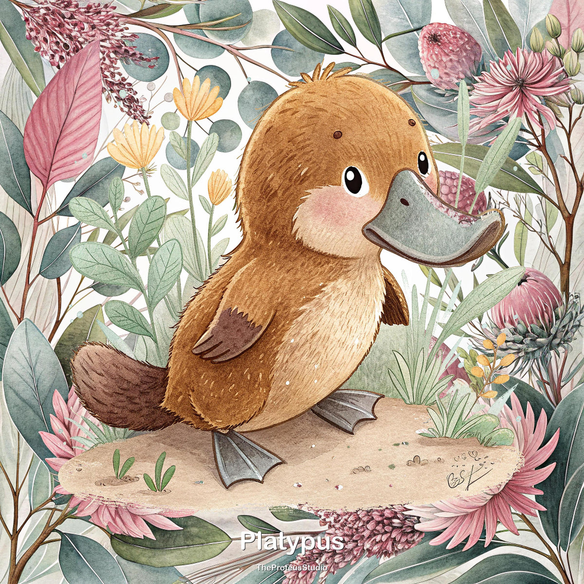 Platypus nursery print, Australian botanical wall art, additional angle