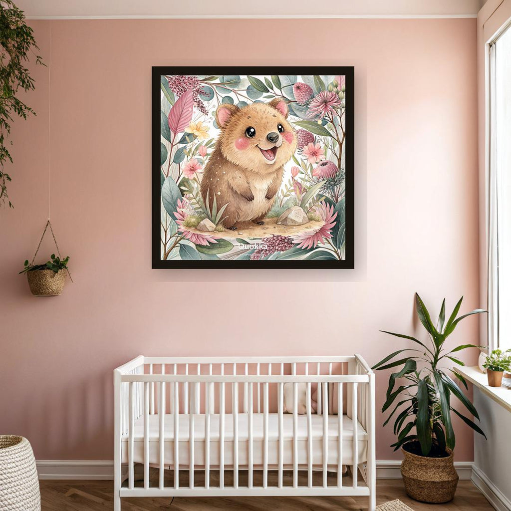 Quokka nursery print, Australian botanical wall art, pink and sage colourway