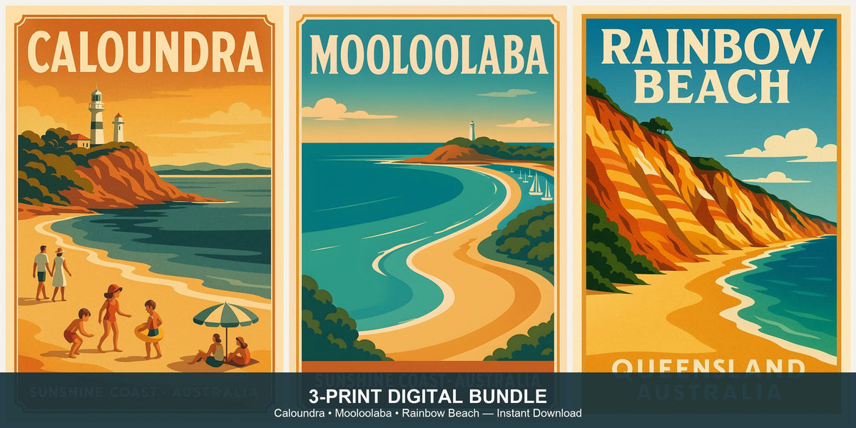Sunshine Coast 3-Print Digital Bundle, retro travel posters of Caloundra, Mooloolaba and Rainbow Beach