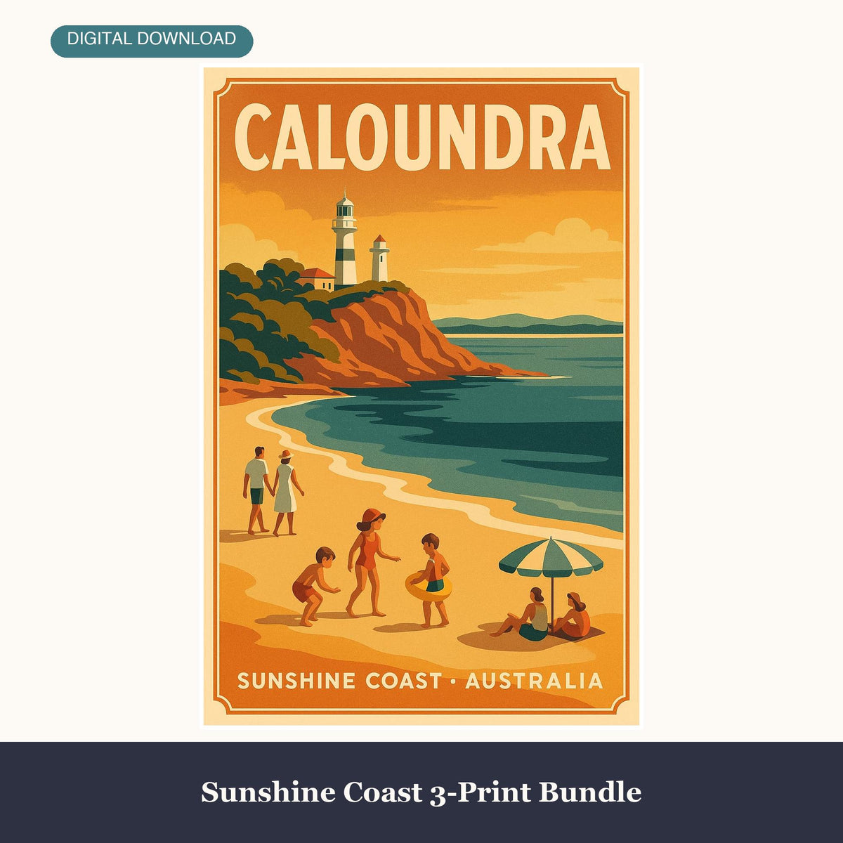 Sunshine Coast 3-Print Digital Bundle sample, Caloundra retro travel poster wall art