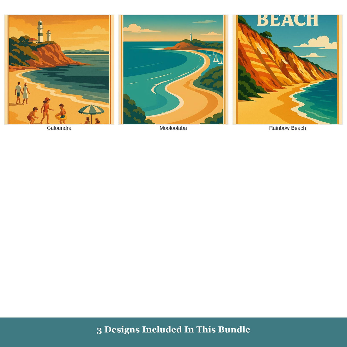 Sunshine Coast 3-Print Digital Bundle sample, Mooloolaba retro travel poster wall art