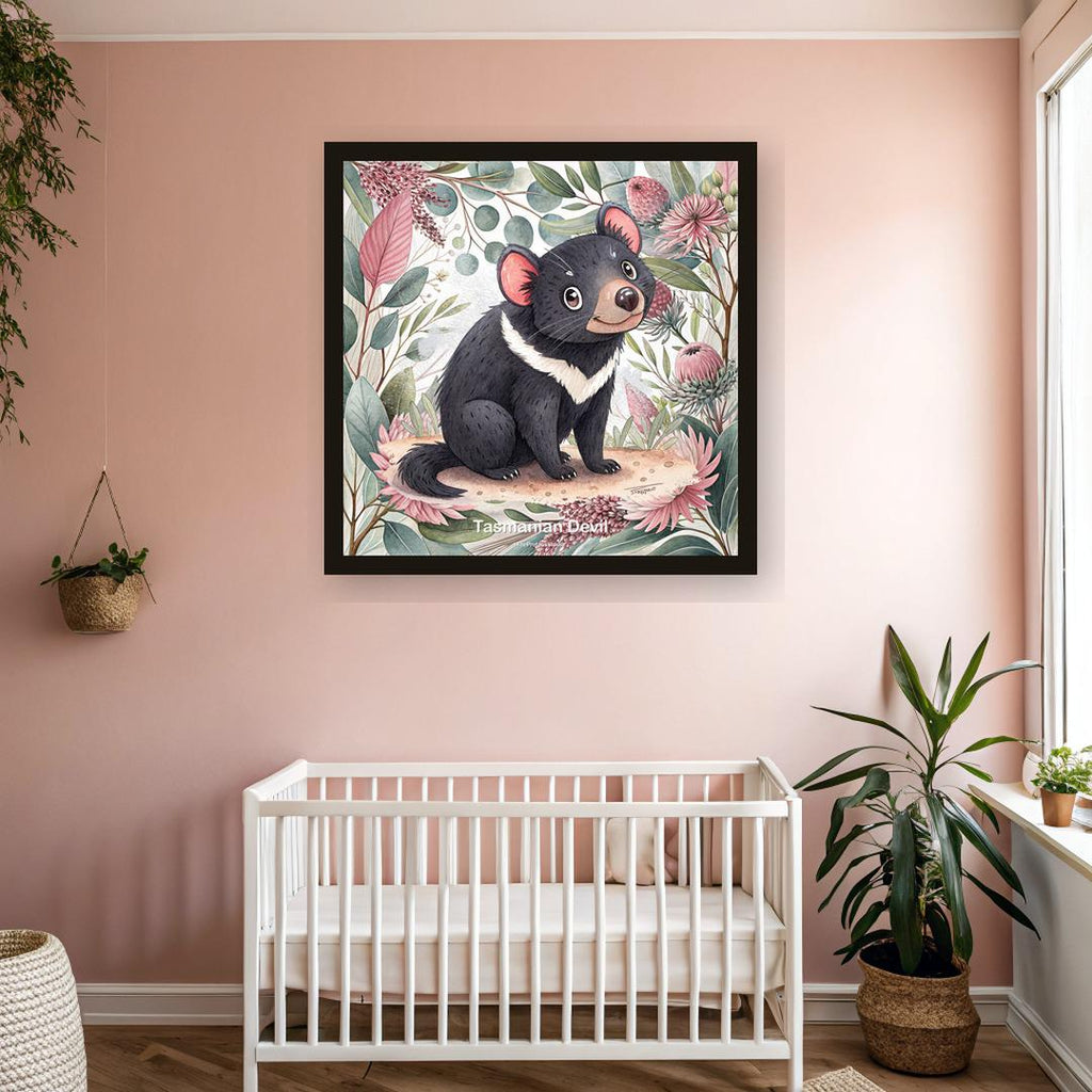 Tasmanian Devil nursery print, Australian botanical wall art, pink and sage colourway