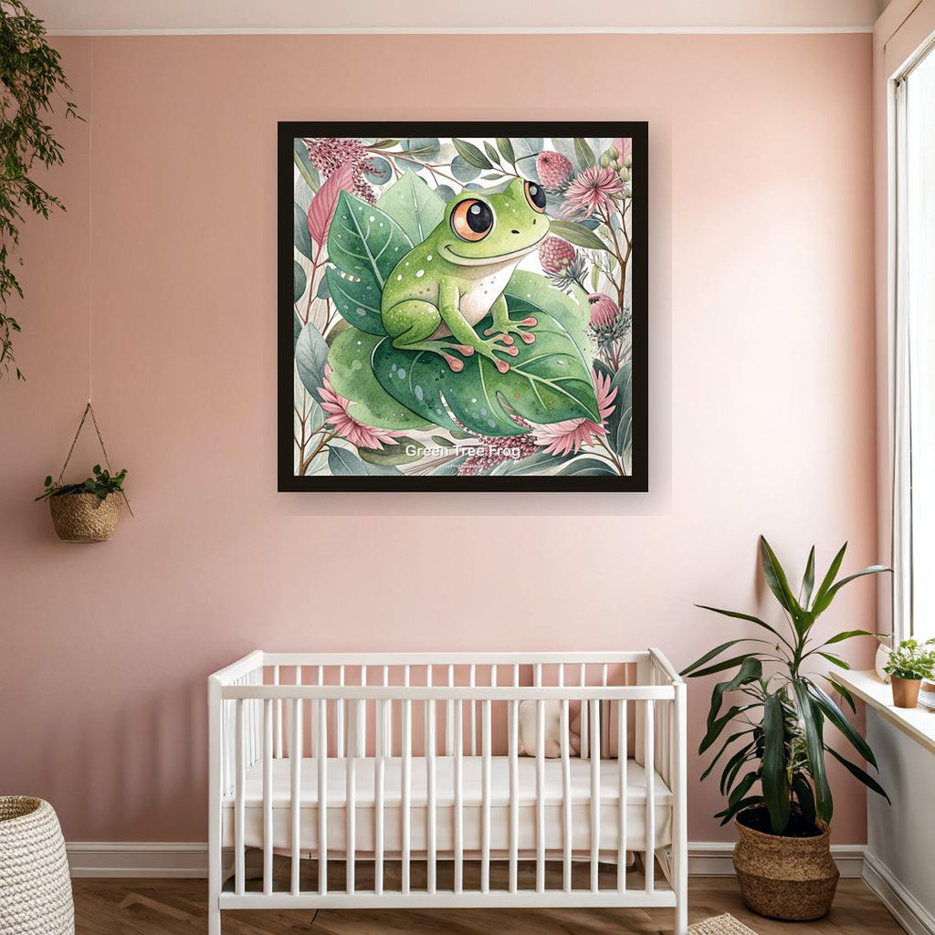 Green Tree Frog nursery print, Australian botanical wall art, pink and sage colourway