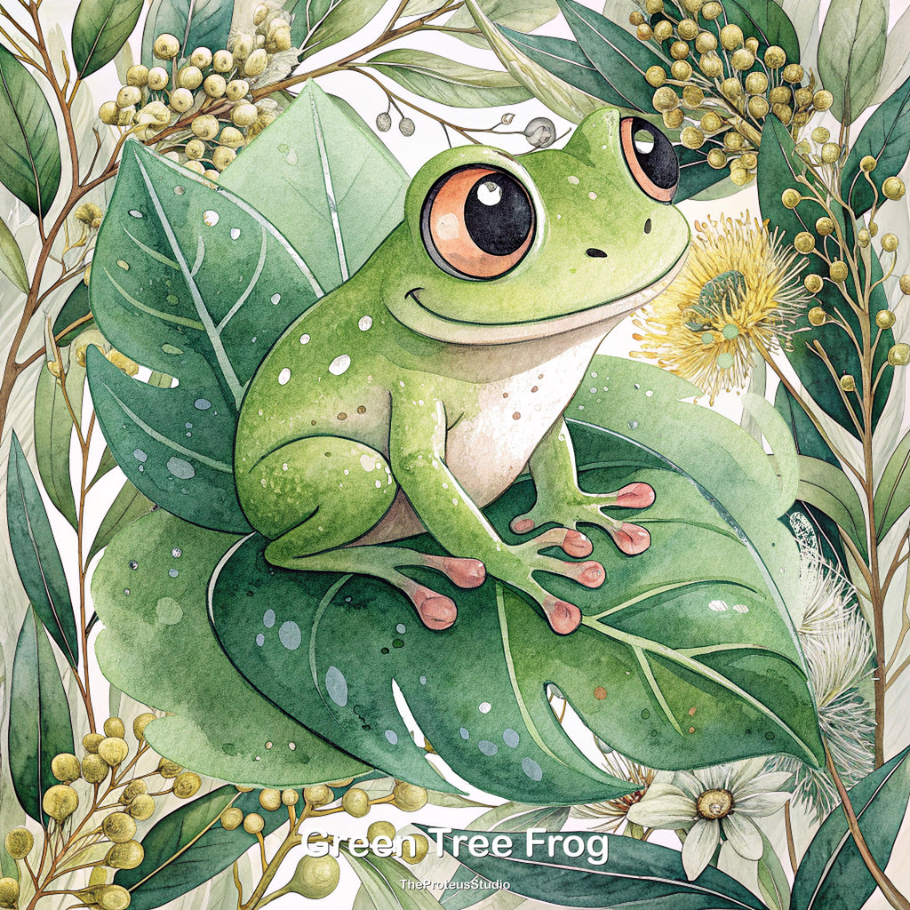 Green Tree Frog nursery print, Australian botanical wall art, additional angle