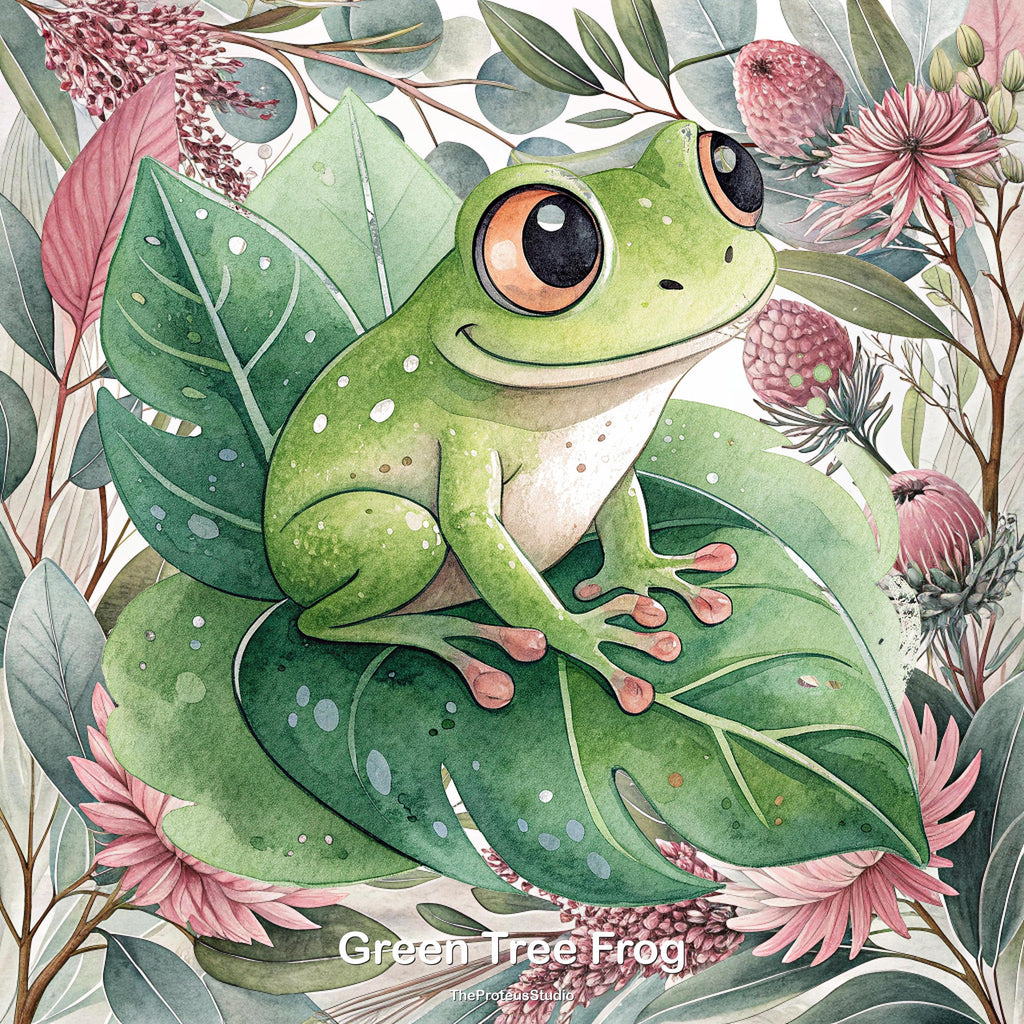 Green Tree Frog nursery print, Australian botanical wall art, additional angle