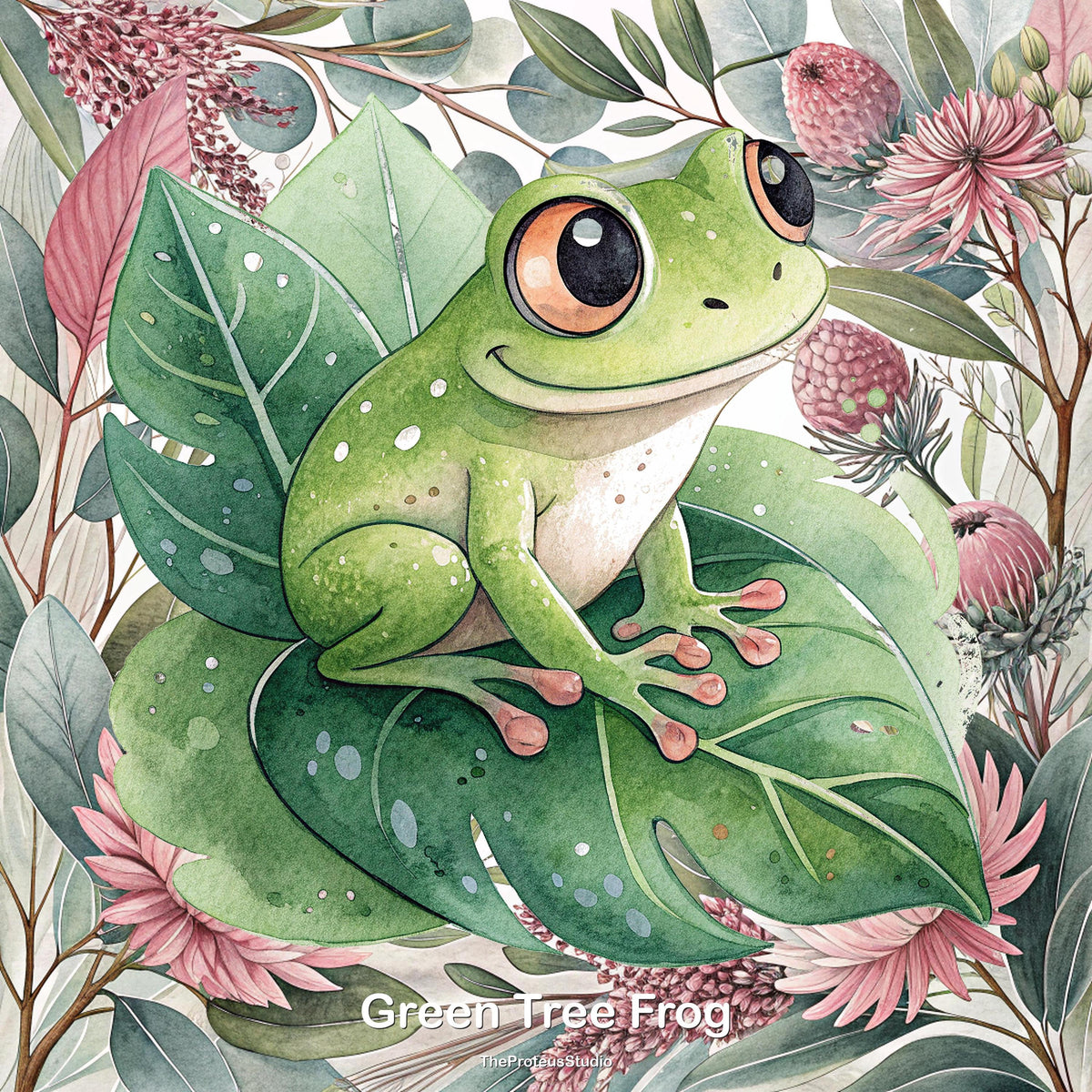 Green Tree Frog nursery print, Australian botanical wall art, additional angle