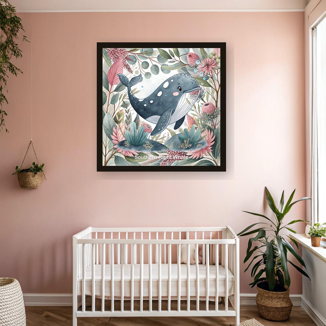 Southern Right Whale nursery print, Australian botanical wall art, pink and sage colourway