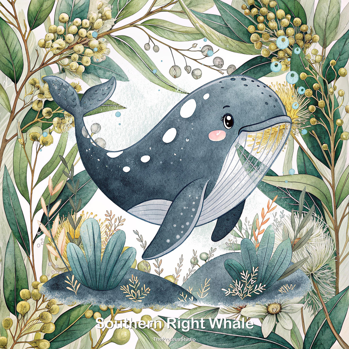Southern Right Whale nursery print, Australian botanical wall art, additional angle