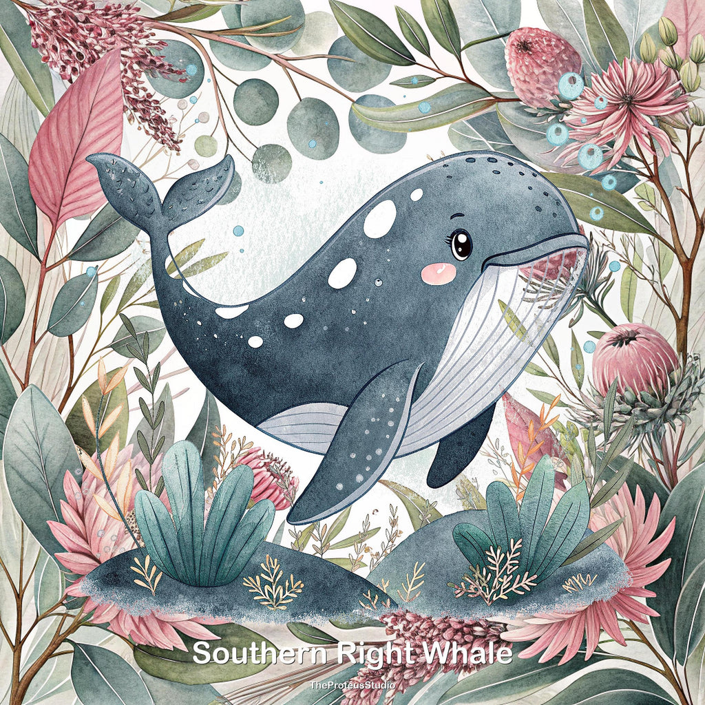 Southern Right Whale nursery print, Australian botanical wall art, additional angle