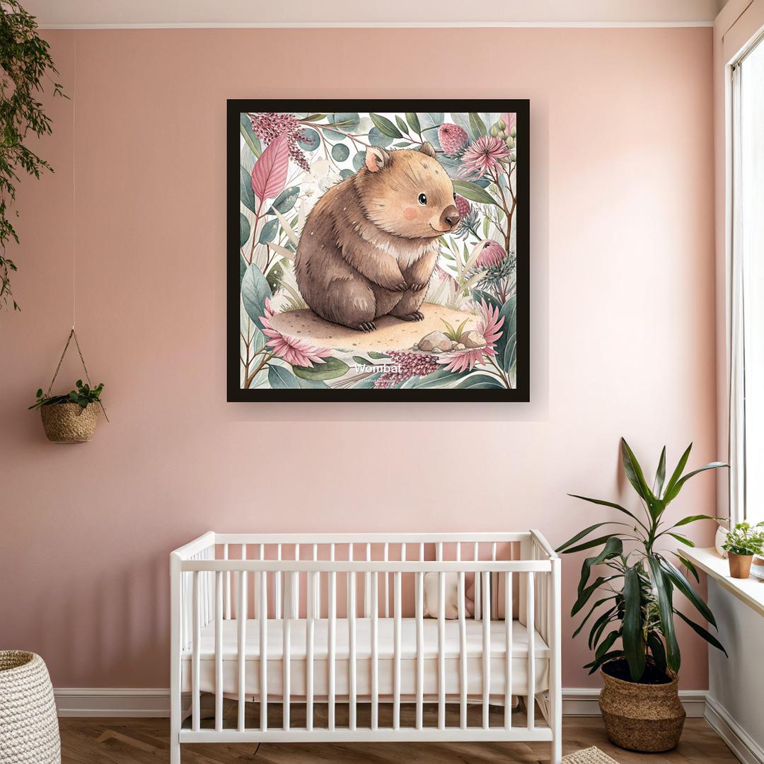 Wombat nursery print, Australian botanical wall art, pink and sage colourway