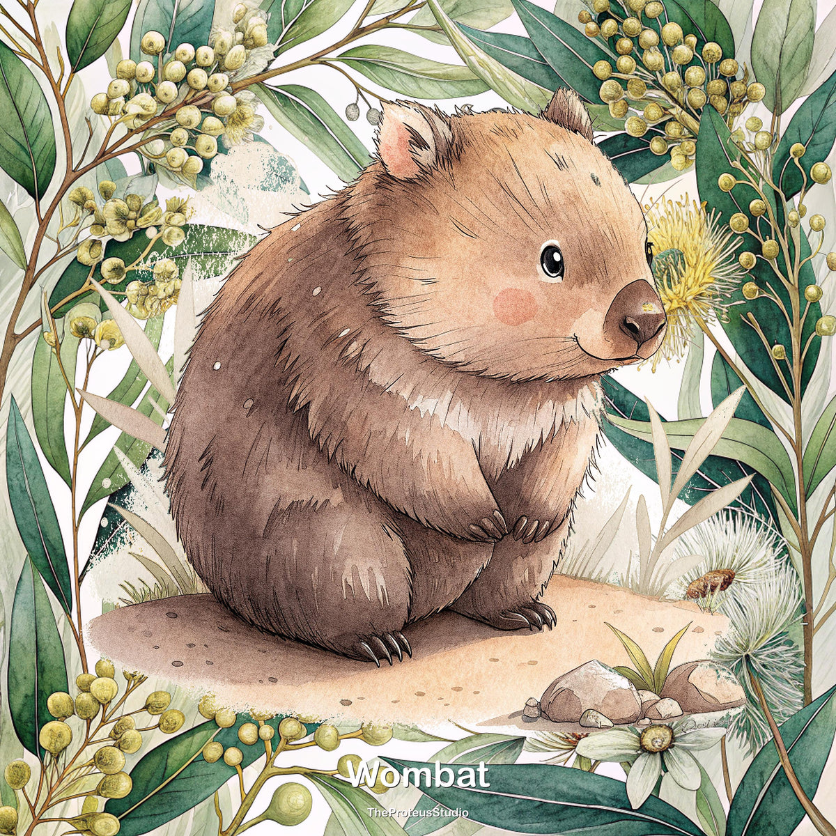 Wombat nursery print, Australian botanical wall art, additional angle