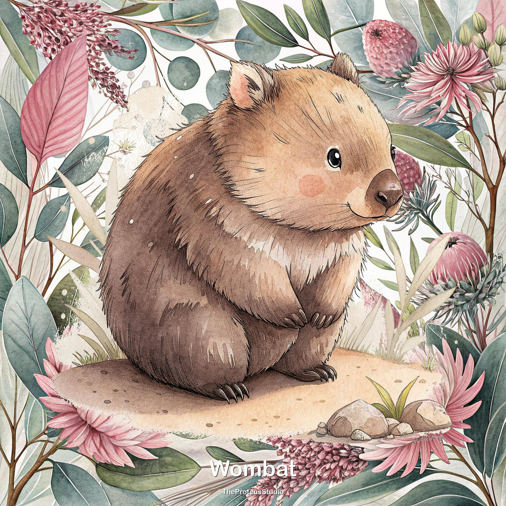 Wombat nursery print, Australian botanical wall art, additional angle