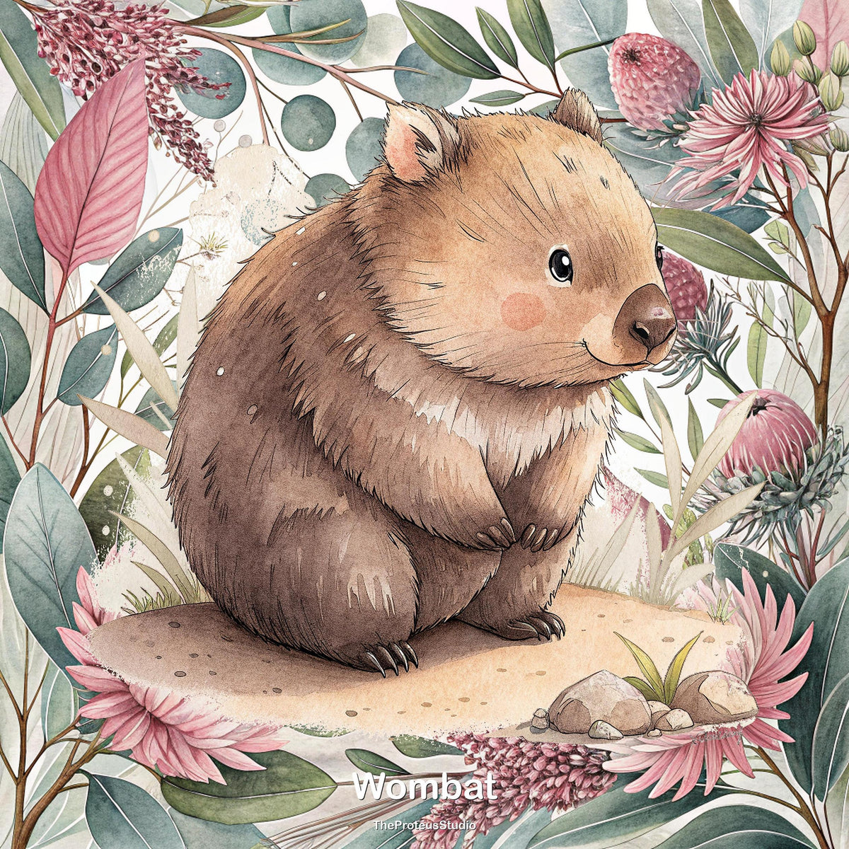 Wombat nursery print, Australian botanical wall art, additional angle